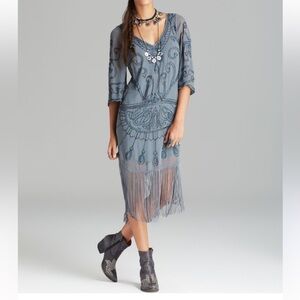 Free People beaded unique Elegant Gray Fringe Dress boho Gatsby